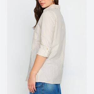 Long Tall Sally Womens Striped Cotton Button Down Shirt Roll Tab Neutral Size 10